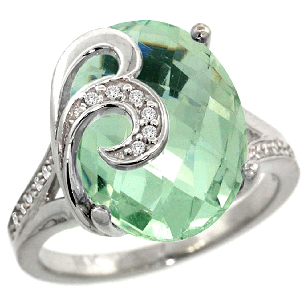14k White Gold Natural Green Amethyst Ring 16x12 mm Oval Shape Diamond Accent, 5/8 inch wide