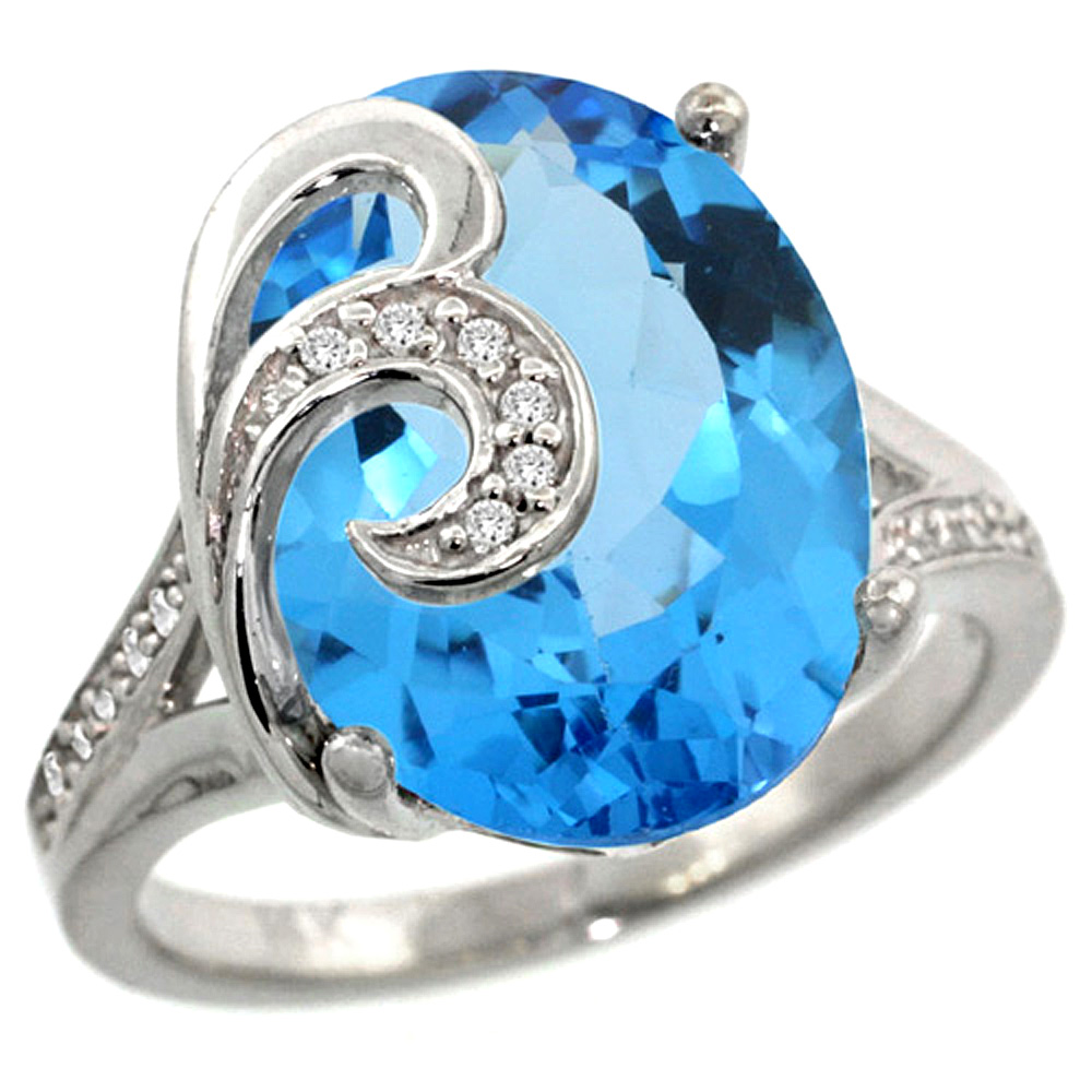 14k White Gold Natural Swiss Blue Topaz Ring 16x12 mm Oval Shape Diamond Accent, 5/8 inch wide