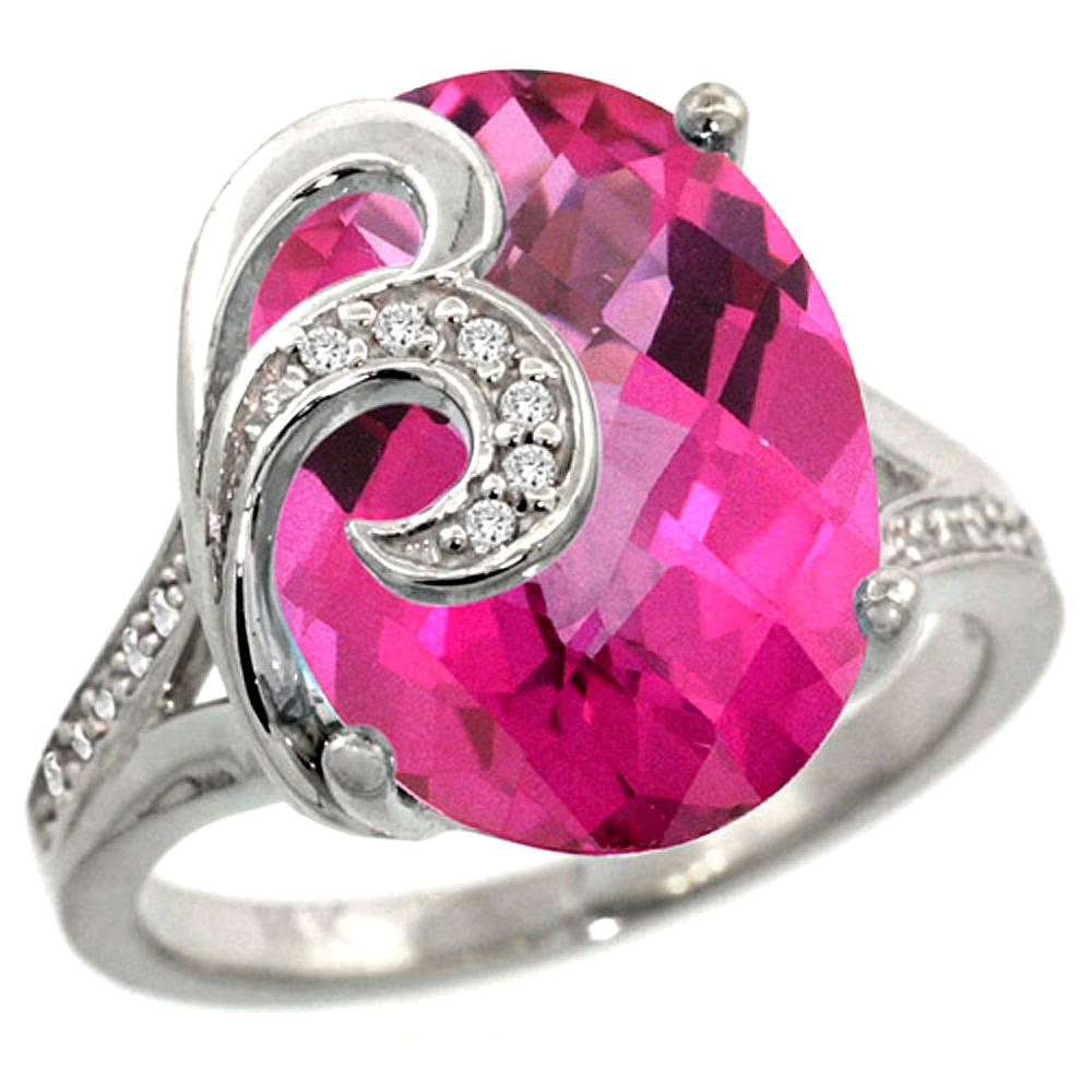 14k White Gold Natural Pink Topaz Ring 16x12 mm Oval Shape Diamond Accent, 5/8 inch wide