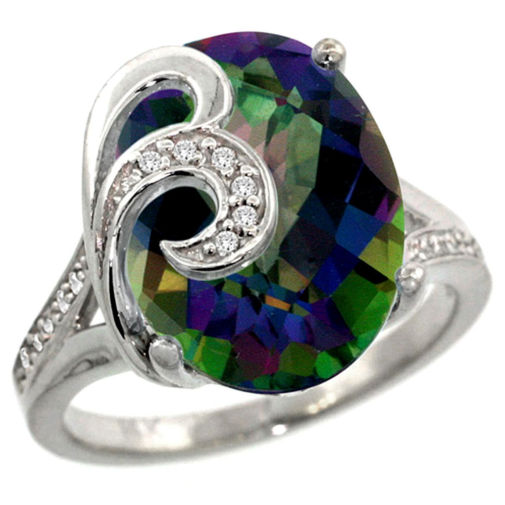 14k White Gold Natural Mystic Topaz Ring 16x12 mm Oval Shape Diamond Accent, 5/8 inch wide
