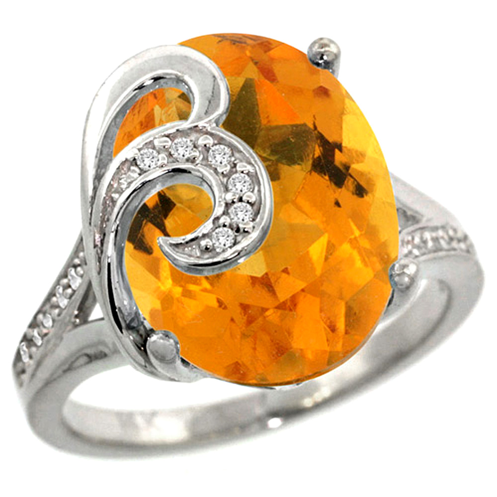 14k White Gold Natural Citrine Ring 16x12 mm Oval Shape Diamond Accent, 5/8 inch wide