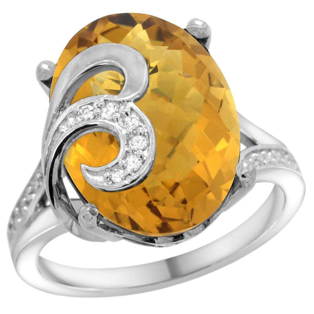 14k White Gold Natural Whisky Quartz Ring 16x12 mm Oval Shape Diamond Accent, 5/8 inch wide