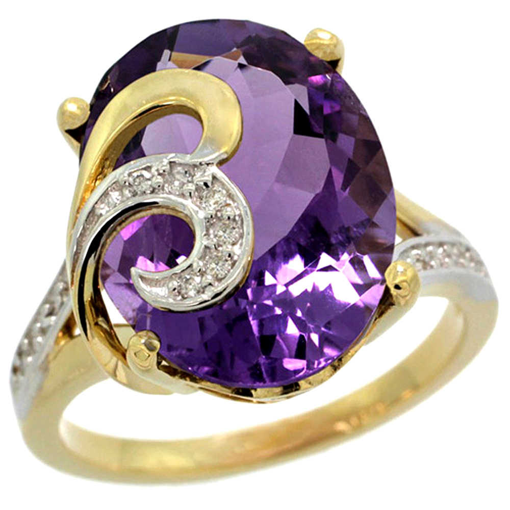 14k Yellow Gold Natural Amethyst Ring 16x12 mm Oval Shape Diamond Accent, 5/8 inch wide