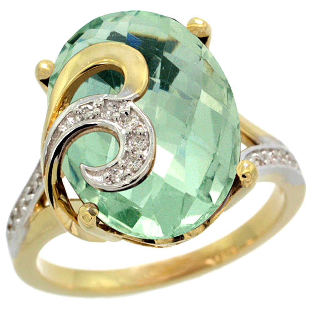 14k Yellow Gold Natural Green Amethyst Ring 16x12 mm Oval Shape Diamond Accent, 5/8 inch wide