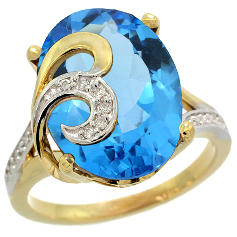 14k Yellow Gold Natural Swiss Blue Topaz Ring 16x12 mm Oval Shape Diamond Accent, 5/8 inch wide