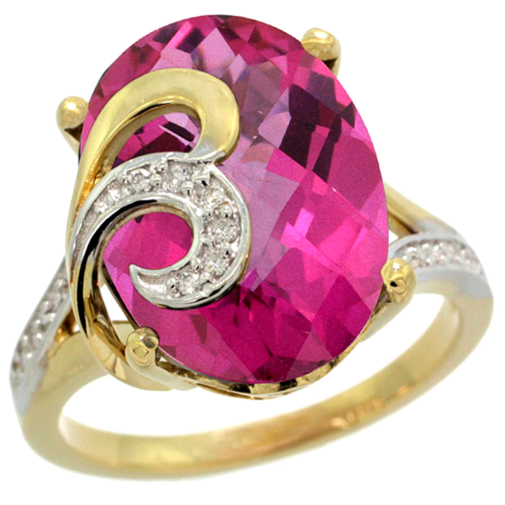 14k Gold Natural Pink Topaz Ring 16x12 mm Oval Shape Diamond Accent, 5/8 inch wide