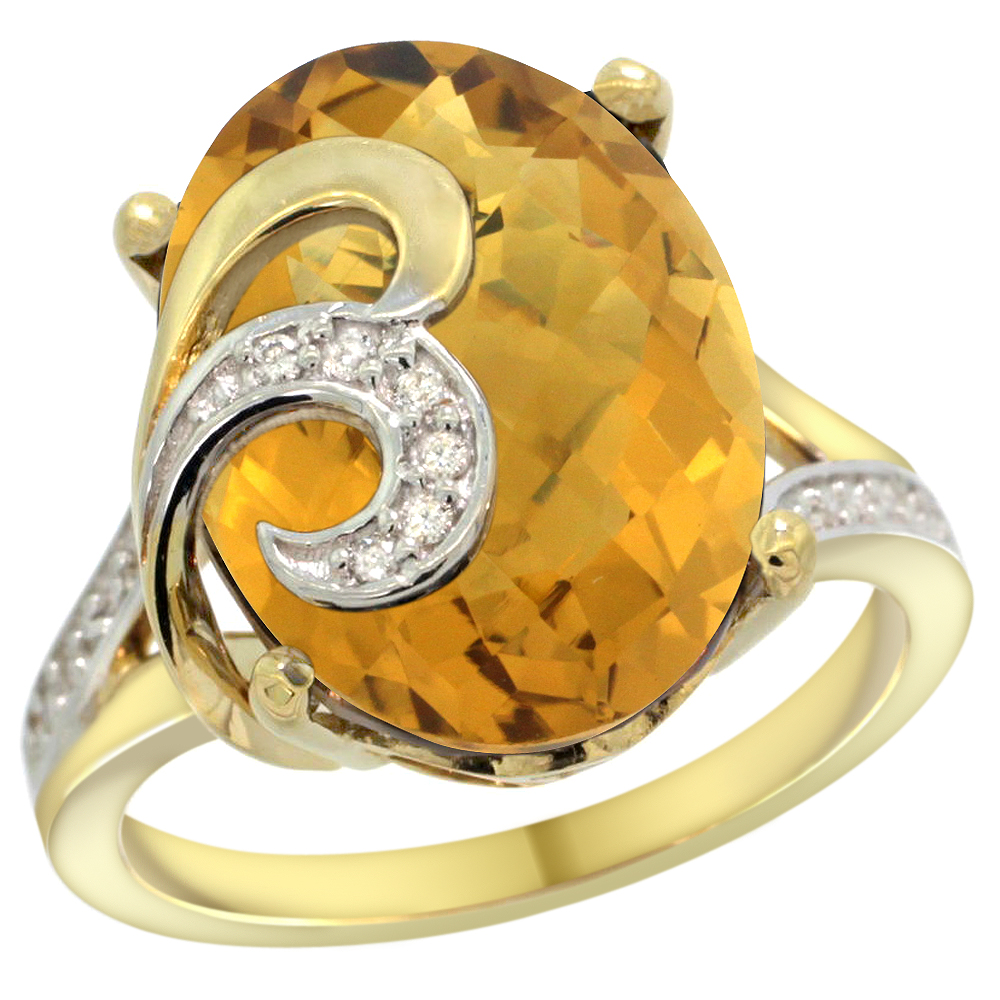 14k Yellow Gold Natural Whisky Quartz Ring 16x12 mm Oval Shape Diamond Accent, 5/8 inch wide