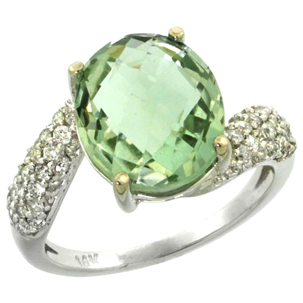 14k White Gold Natural Green Amethyst Ring Oval 12x10mm Diamond Halo, 1/2inch wide, sizes 5 - 10