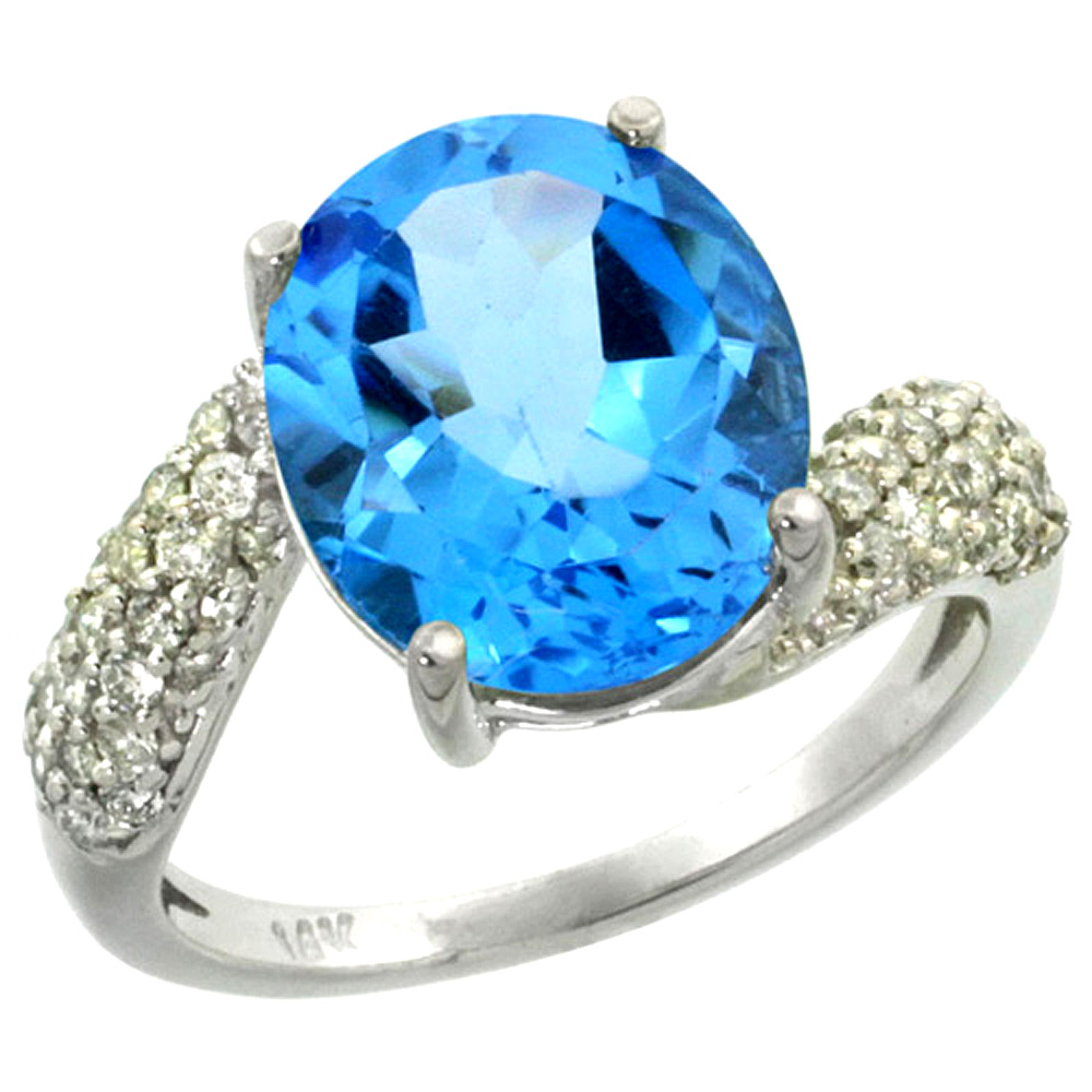 14k White Gold Natural Swiss Blue Topaz Ring Oval 12x10mm Diamond Halo, 1/2inch wide, sizes 5 - 10