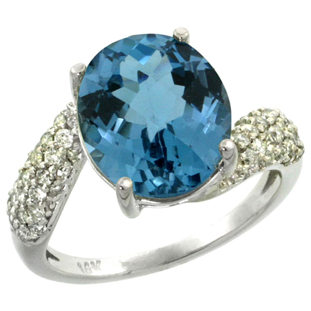 14k White Gold Natural London Blue Topaz Ring Oval 12x10mm Diamond Halo, 1/2inch wide, sizes 5 - 10