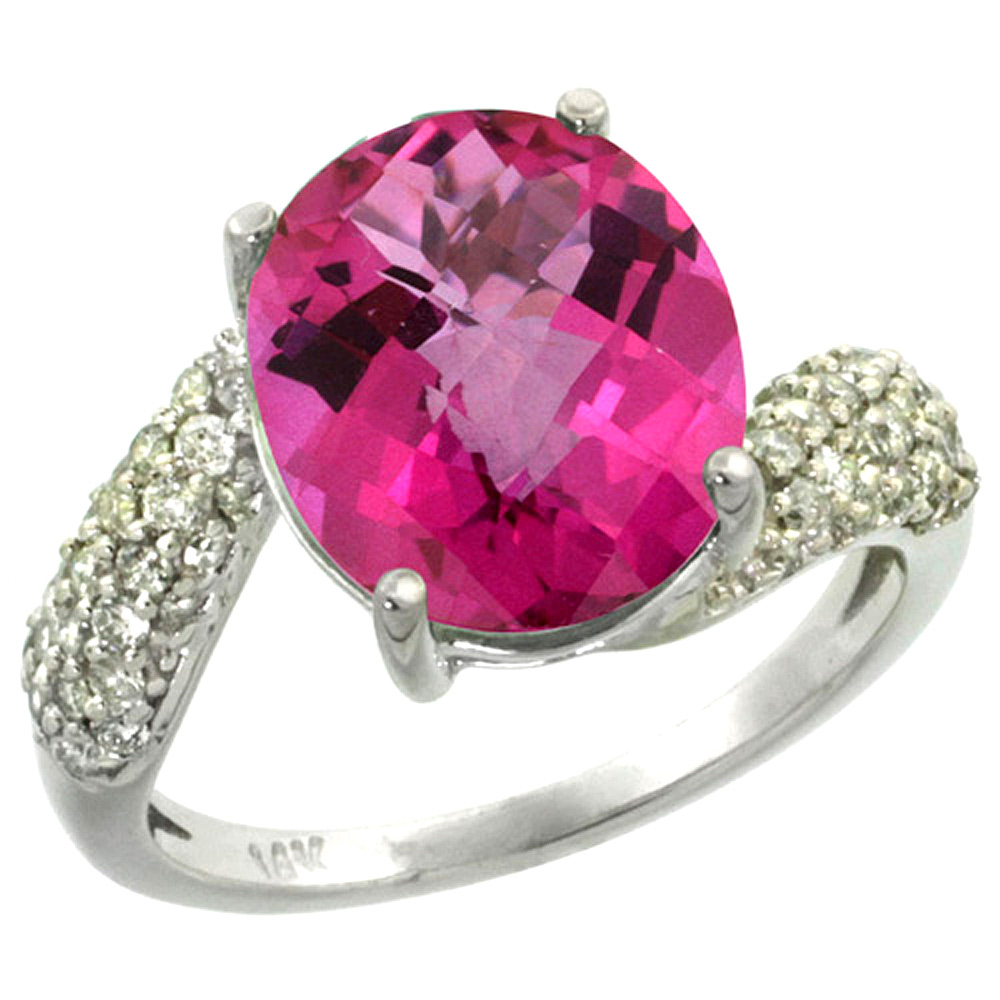 14k White Gold Natural Pink Topaz Ring Oval 12x10mm Diamond Halo, 1/2inch wide, sizes 5 - 10