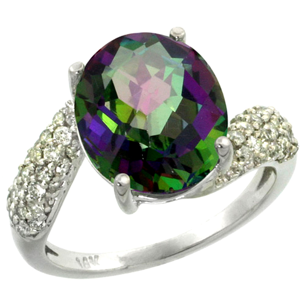 14k White Gold Natural Mystic Topaz Ring Oval 12x10mm Diamond Halo, 1/2inch wide, sizes 5 - 10