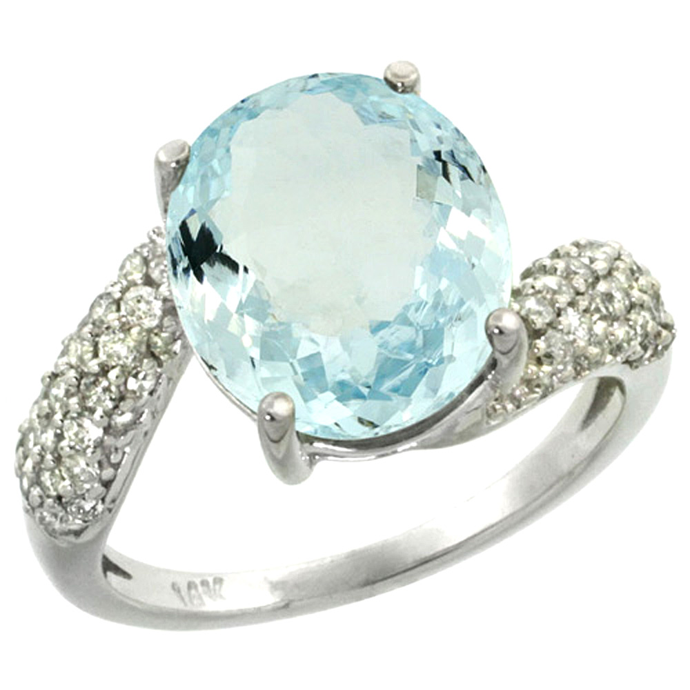 14k White Gold Natural Aquamarine Ring Oval 12x10mm Diamond Halo, 1/2inch wide, sizes 5 - 10