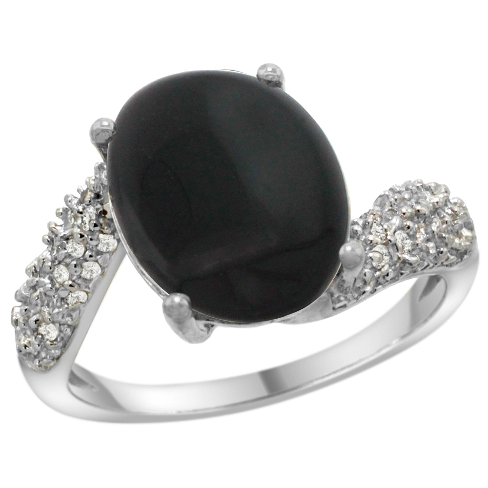 14k White Gold Natural Black Onyx Ring Oval 12x10mm Diamond Halo, 1/2inch wide, sizes 5 - 10