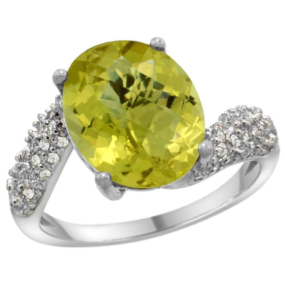 14k White Gold Natural Lemon Quartz Ring Oval 12x10mm Diamond Halo, 1/2inch wide, sizes 5 - 10