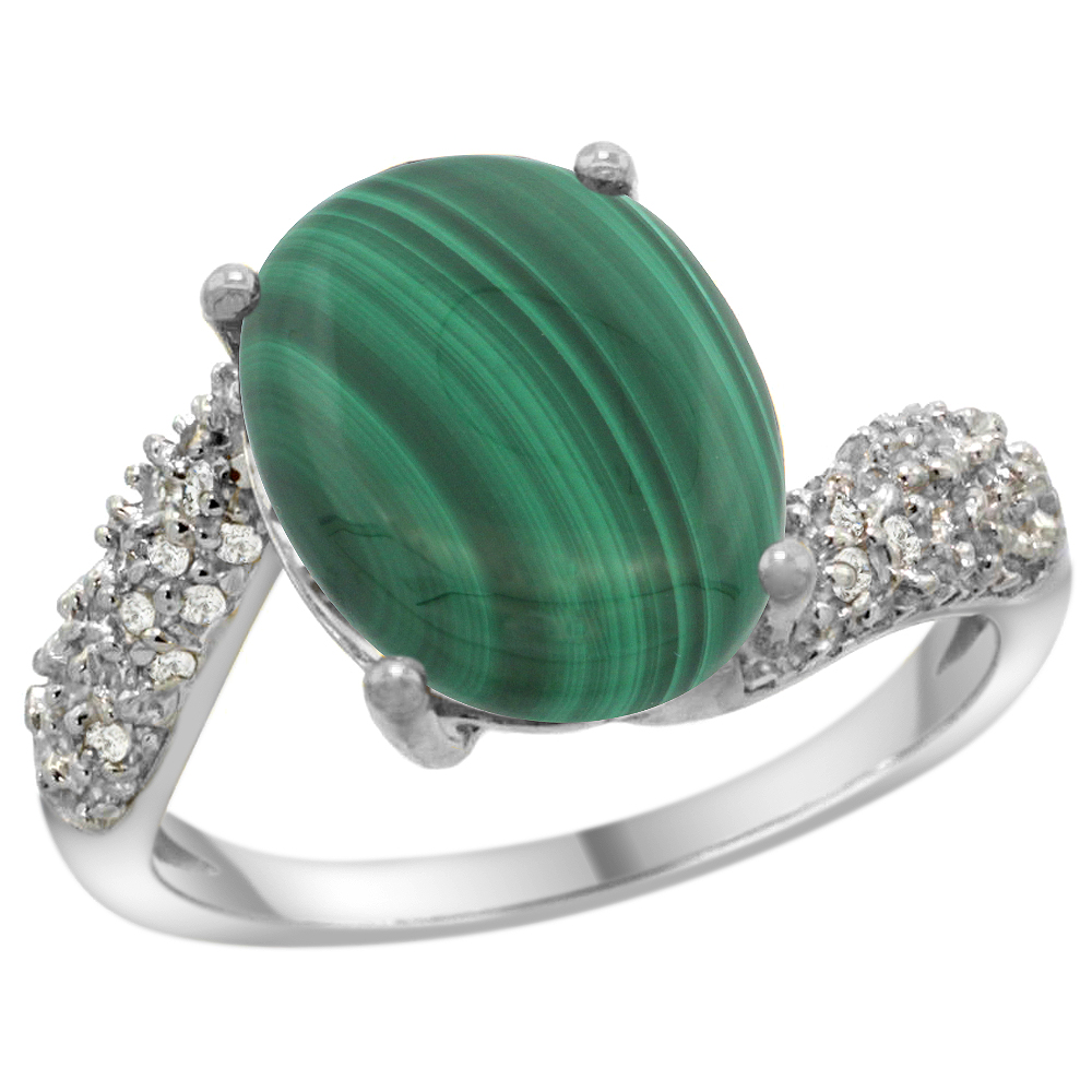 14k White Gold Natural Malachite Ring Oval 12x10mm Diamond Halo, 1/2inch wide, sizes 5 - 10
