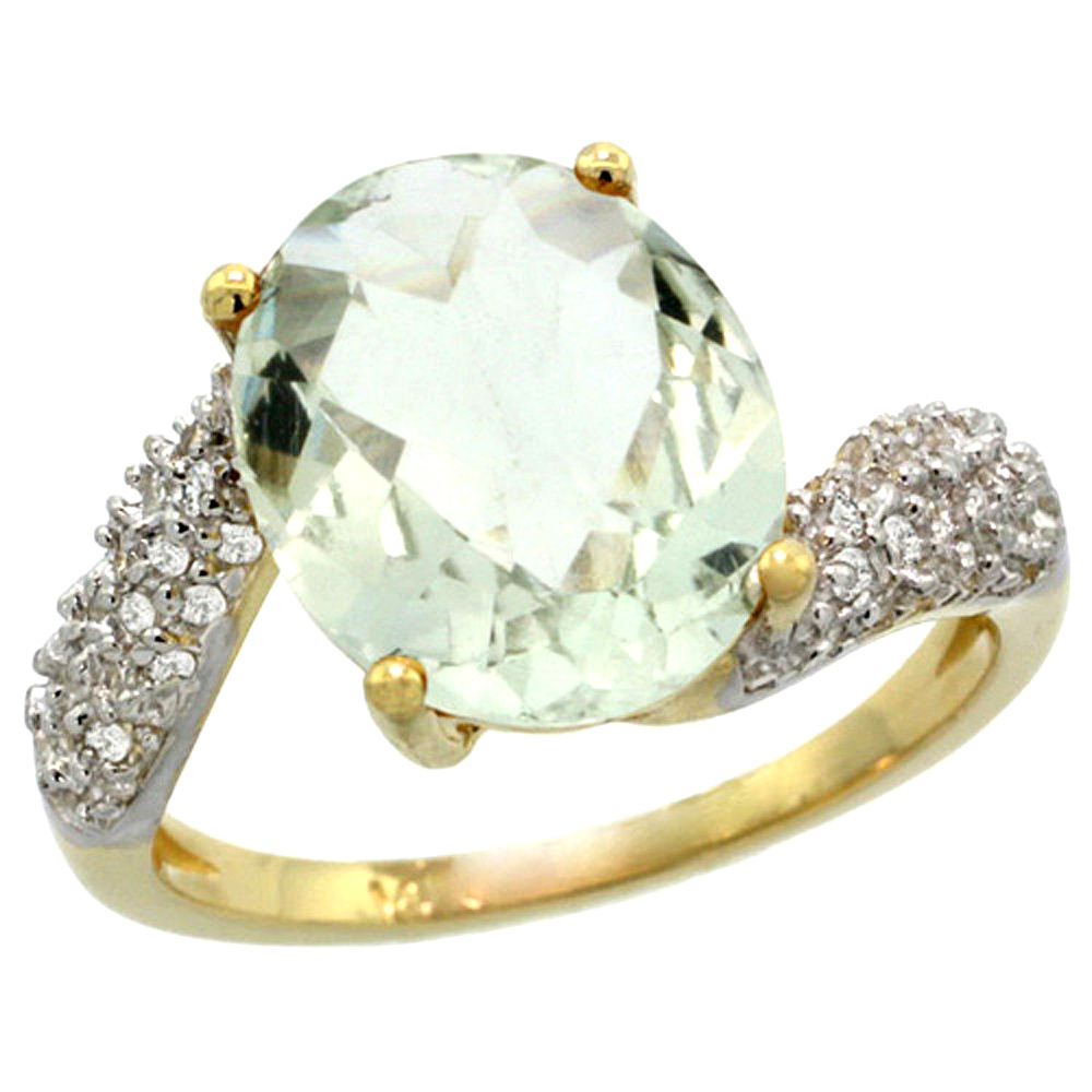 14k Yellow Gold Natural Green Amethyst Ring Oval 12x10mm Diamond Halo, 1/2inch wide, sizes 5 - 10