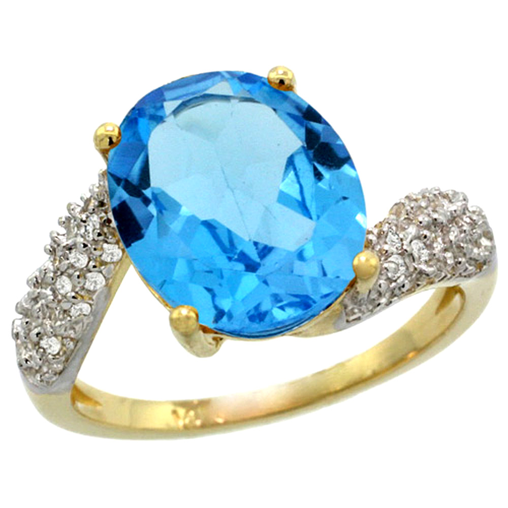 14k Yellow Gold Natural Swiss Blue Topaz Ring Oval 12x10mm Diamond Halo, 1/2inch wide, sizes 5 - 10