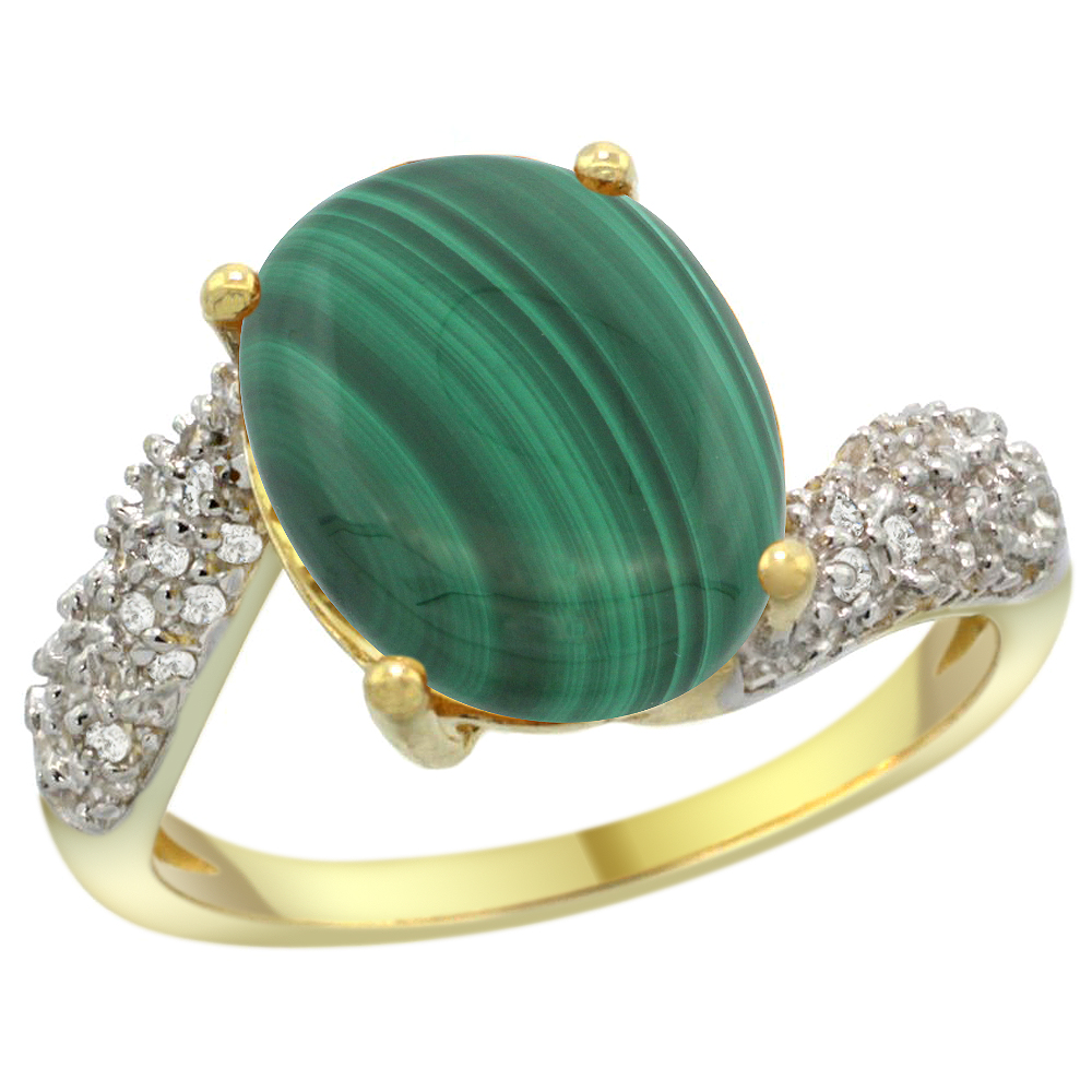 14k Yellow Gold Natural Malachite Ring Oval 12x10mm Diamond Halo, 1/2inch wide, sizes 5 - 10