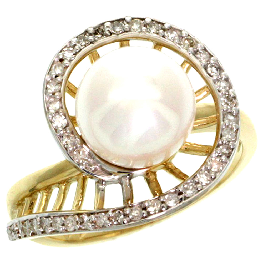 14k Yellow Gold Freshwater Pearl Bypass Ring Winding Diamond Accent, size 5-10