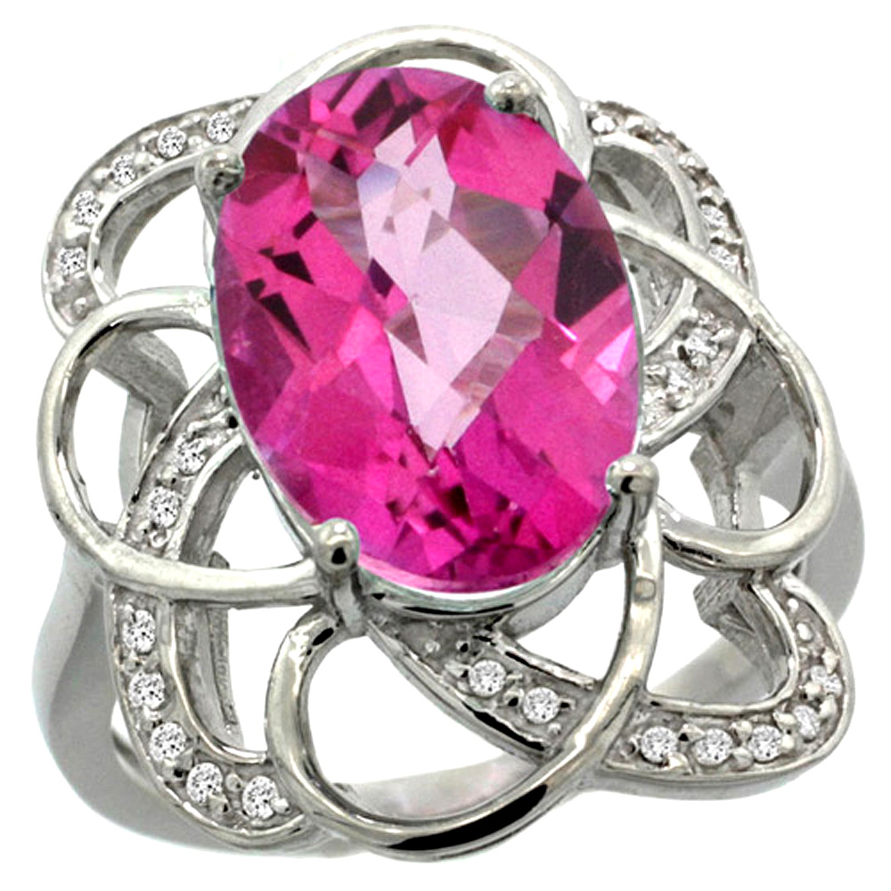 14k White Gold Natural Pink Topaz Floral Design Ring 13x9 mm Oval Shape Diamond Accent, 7/8inch wide