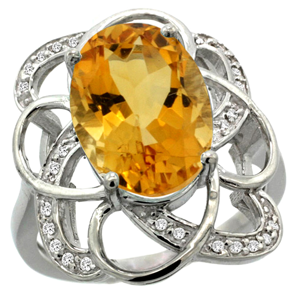 14k White Gold Natural Citrine Floral Design Ring 13x9 mm Oval Shape Diamond Accent, 7/8inch wide