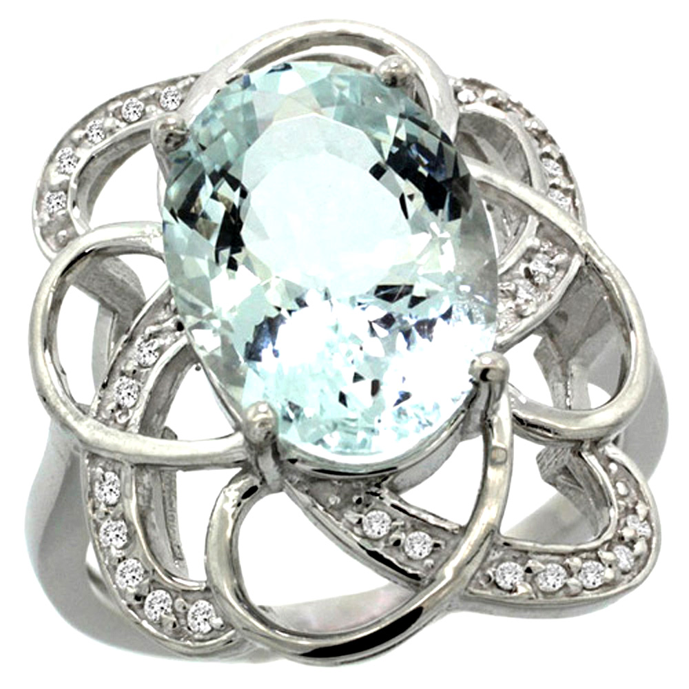 14k White Gold Natural Aquamarine Floral Design Ring 13x9 mm Oval Shape Diamond Accent, 7/8inch wide