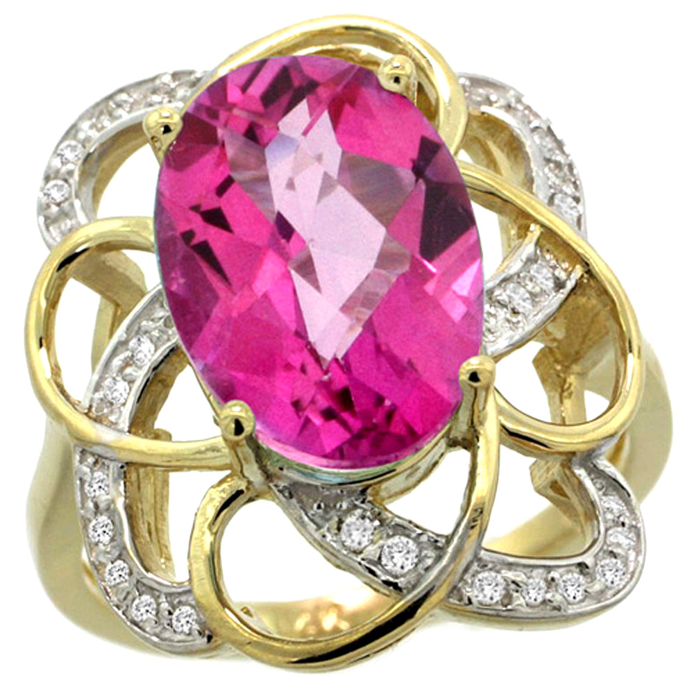 14k Yellow Gold Natural Pink Topaz Floral Design Ring 13x9 mm Oval Shape Diamond Accent, 7/8inch wide