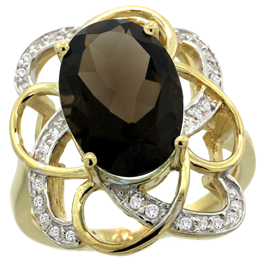 14k Yellow Gold Natural Smoky Topaz Floral Design Ring 13x9 mm Oval Shape Diamond Accent, 7/8inch wide
