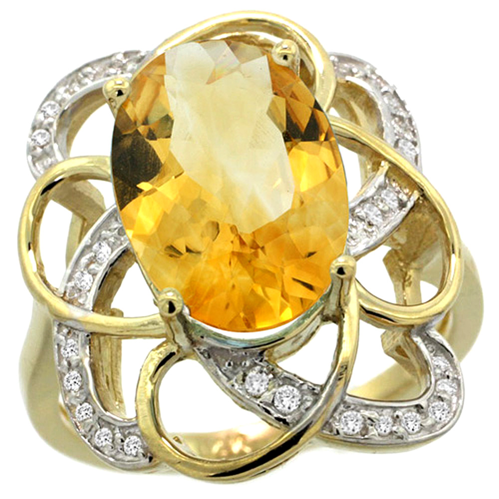 14k Yellow Gold Natural Citrine Floral Design Ring 13x9 mm Oval Shape Diamond Accent, 7/8inch wide