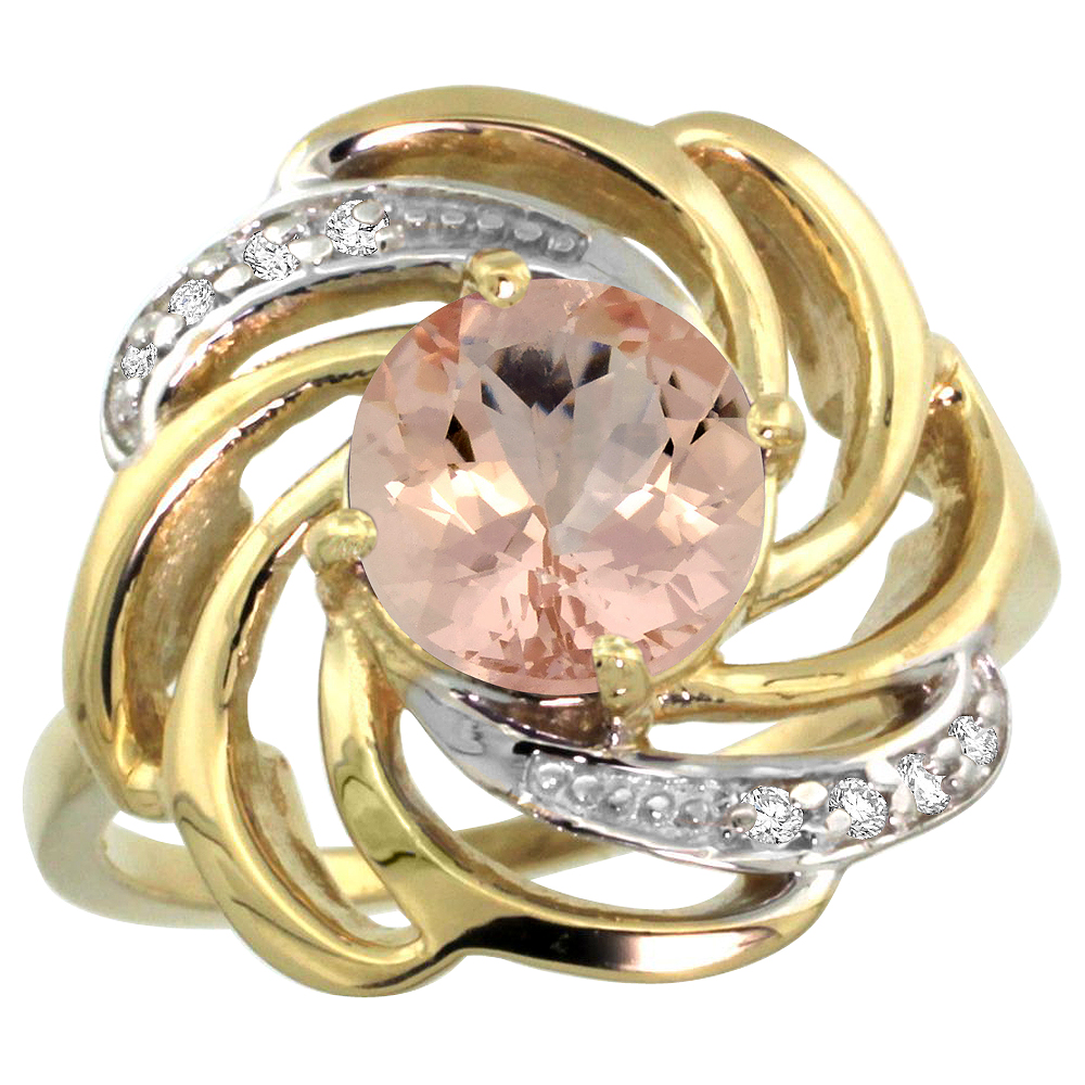 14k Yellow Gold Stone Natural Morganite Whirlpool Ring Round 8mm Diamond Accented, sizes 5 - 10