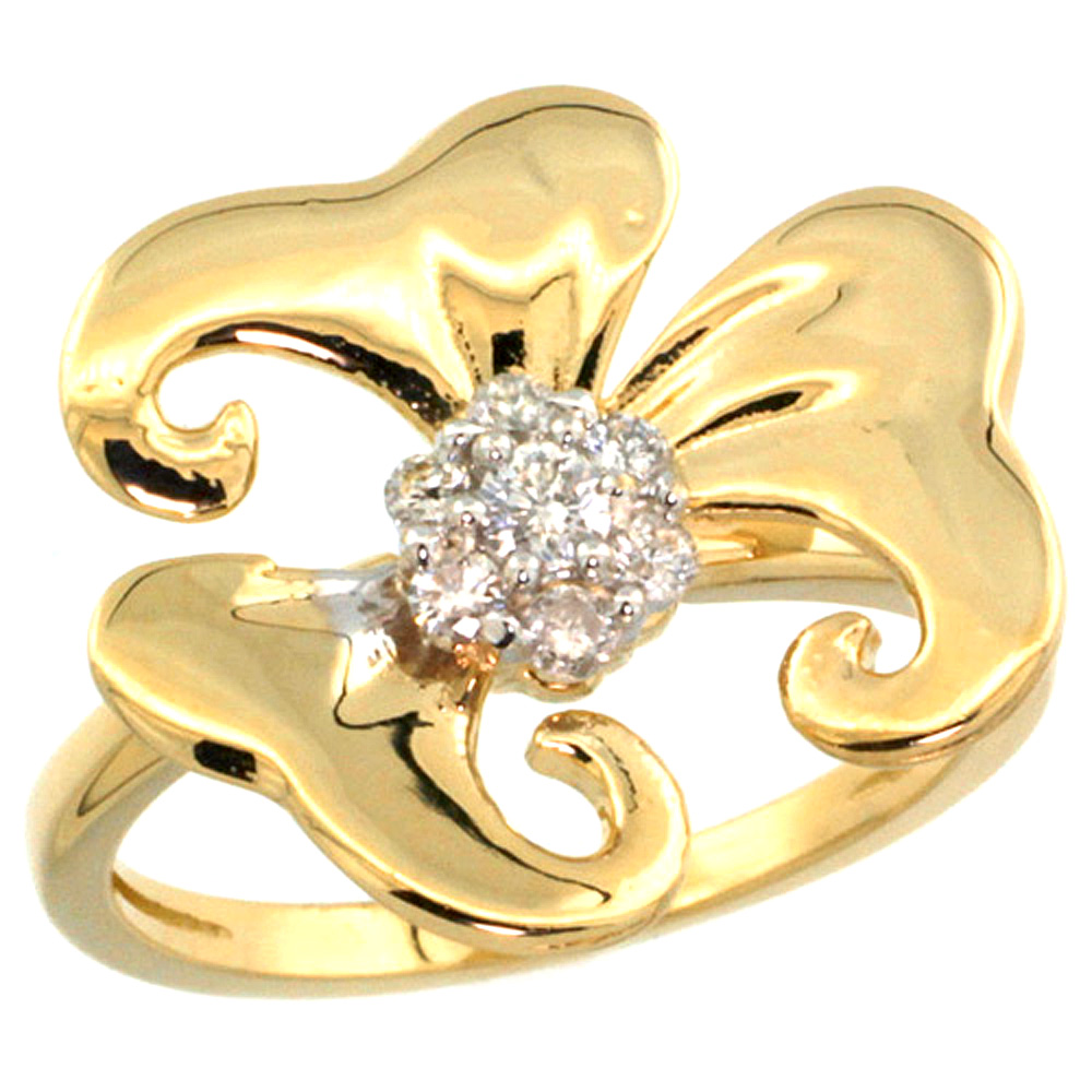 14k Yellow Gold Diamond Cluster 3-Petal Flower Ring 0.24 ct Brilliant cut 9/16 inch wide, size 5-10