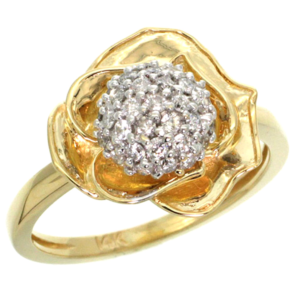 14k Yellow Gold Diamond Cluster Rose Flower Ring 0.54 ct Brilliant Cut 11/16 inch wide, size 5-10