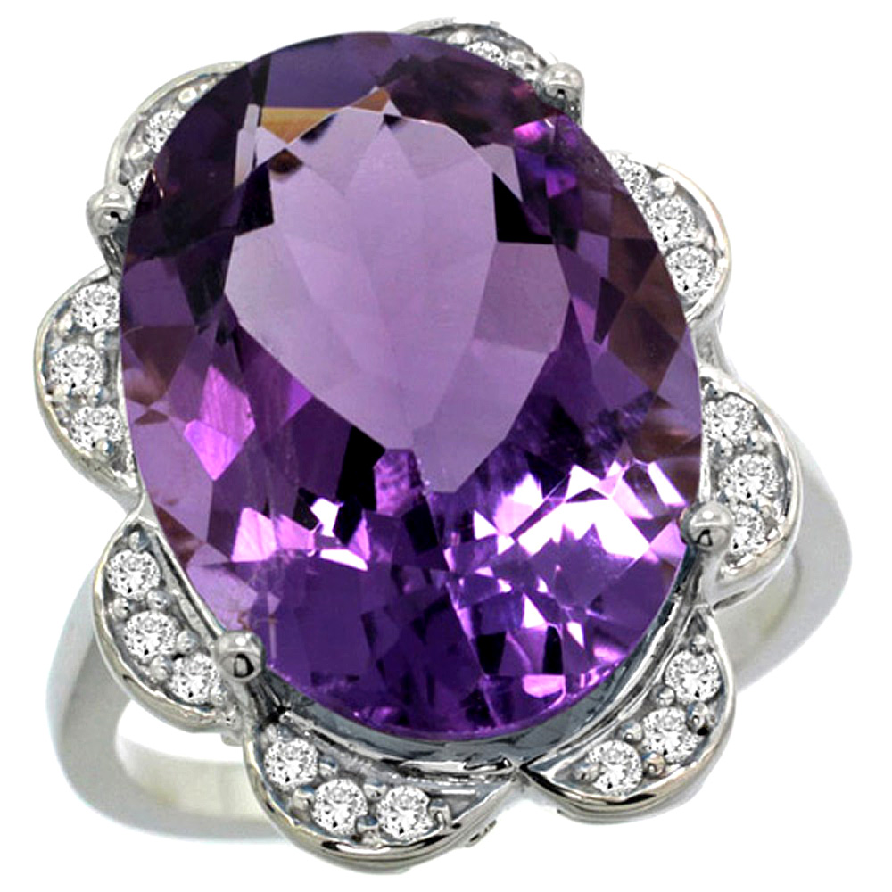 14k White Gold Natural Amethyst Ring Oval 18x13mm Diamond Floral Halo, 3/4inch wide, sizes 5 - 10