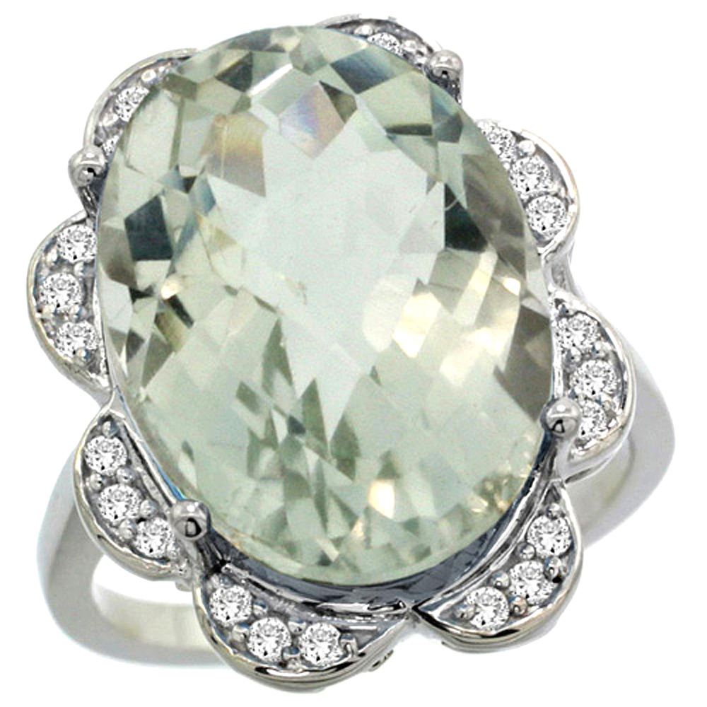 14k White Gold Natural Green Amethyst Ring Oval 18x13mm Diamond Floral Halo, 3/4inch wide, sizes 5 - 10