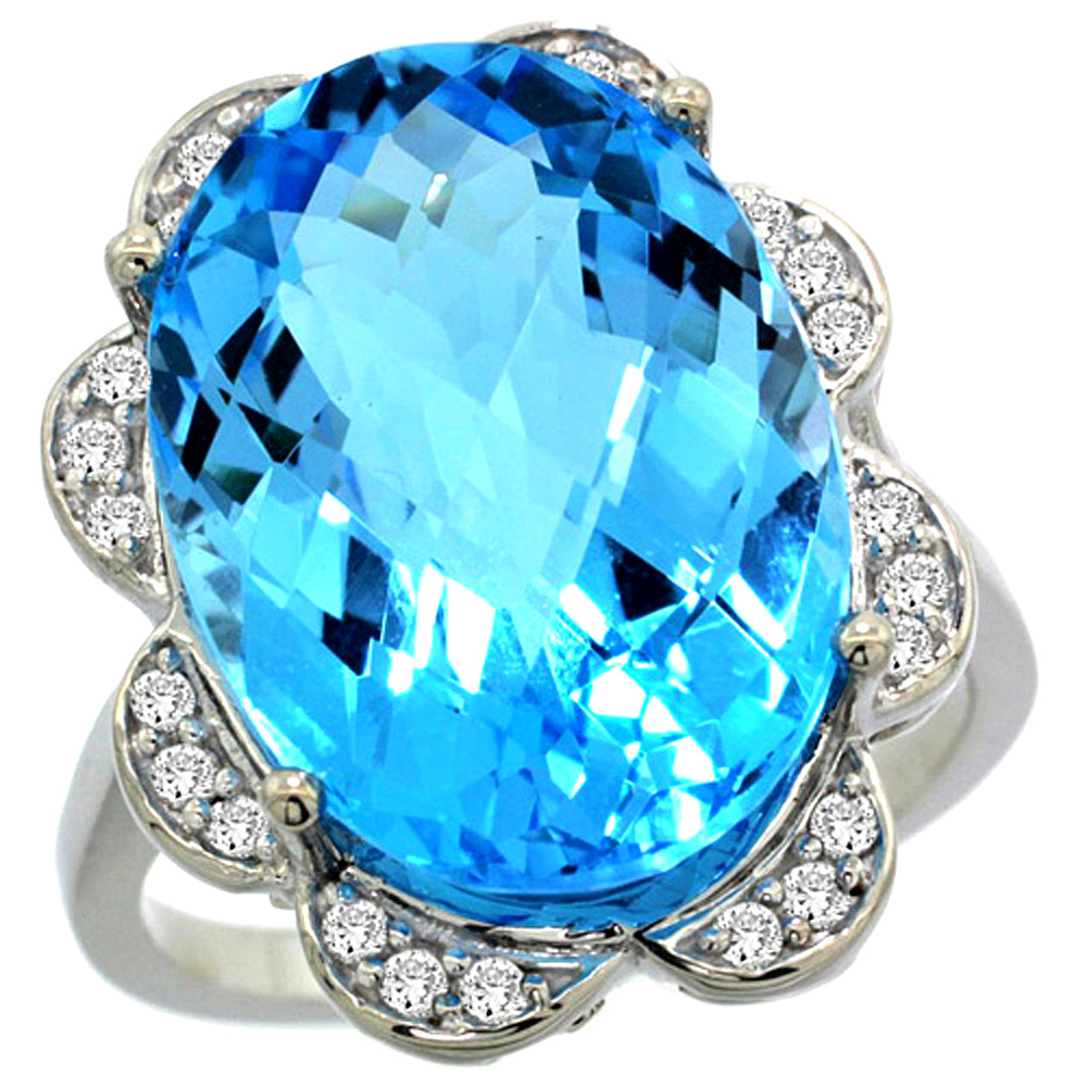 14k White Gold Natural Swiss Blue Topaz Ring Oval 18x13mm Diamond Floral Halo, 3/4inch wide, sizes 5 - 10