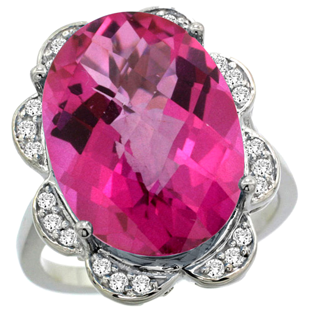 14k White Gold Natural Pink Topaz Ring Oval 18x13mm Diamond Floral Halo, 3/4inch wide, sizes 5 - 10