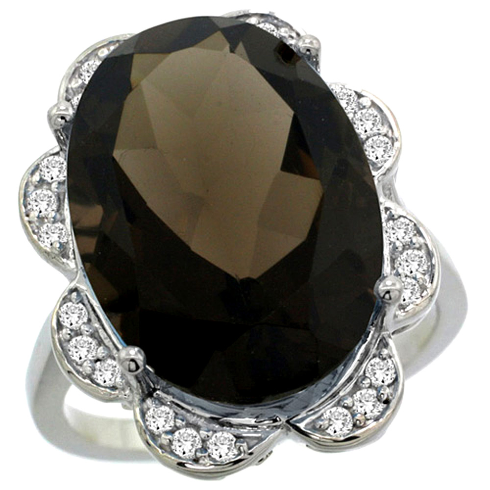 14k White Gold Natural Smoky Topaz Ring Oval 18x13mm Diamond Floral Halo, 3/4inch wide, sizes 5 - 10