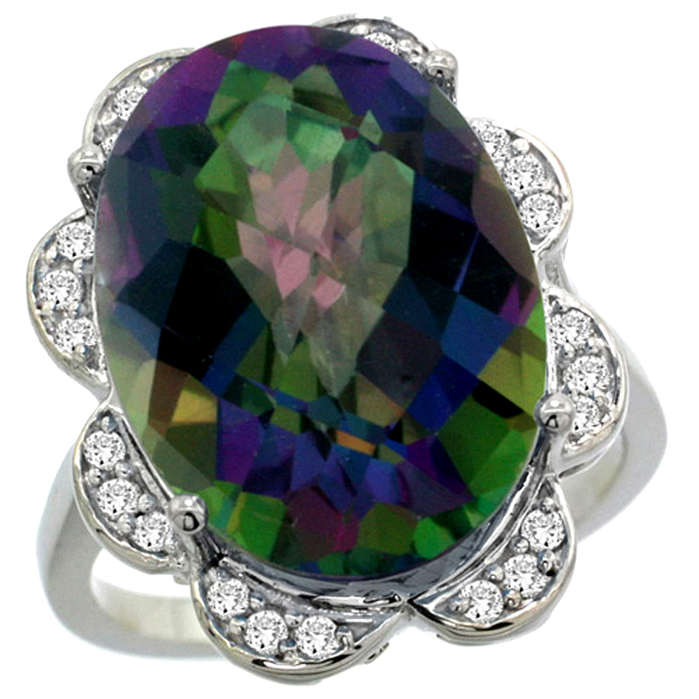 14k White Gold Natural Mystic Topaz Ring Oval 18x13mm Diamond Floral Halo, 3/4inch wide, sizes 5 - 10