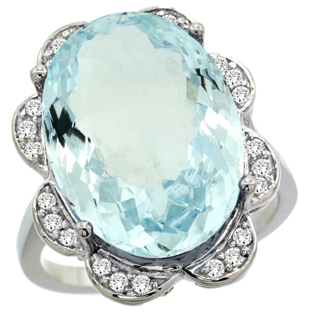 14k White Gold Natural Aquamarine Ring Oval 18x13mm Diamond Floral Halo, 3/4inch wide, sizes 5 - 10