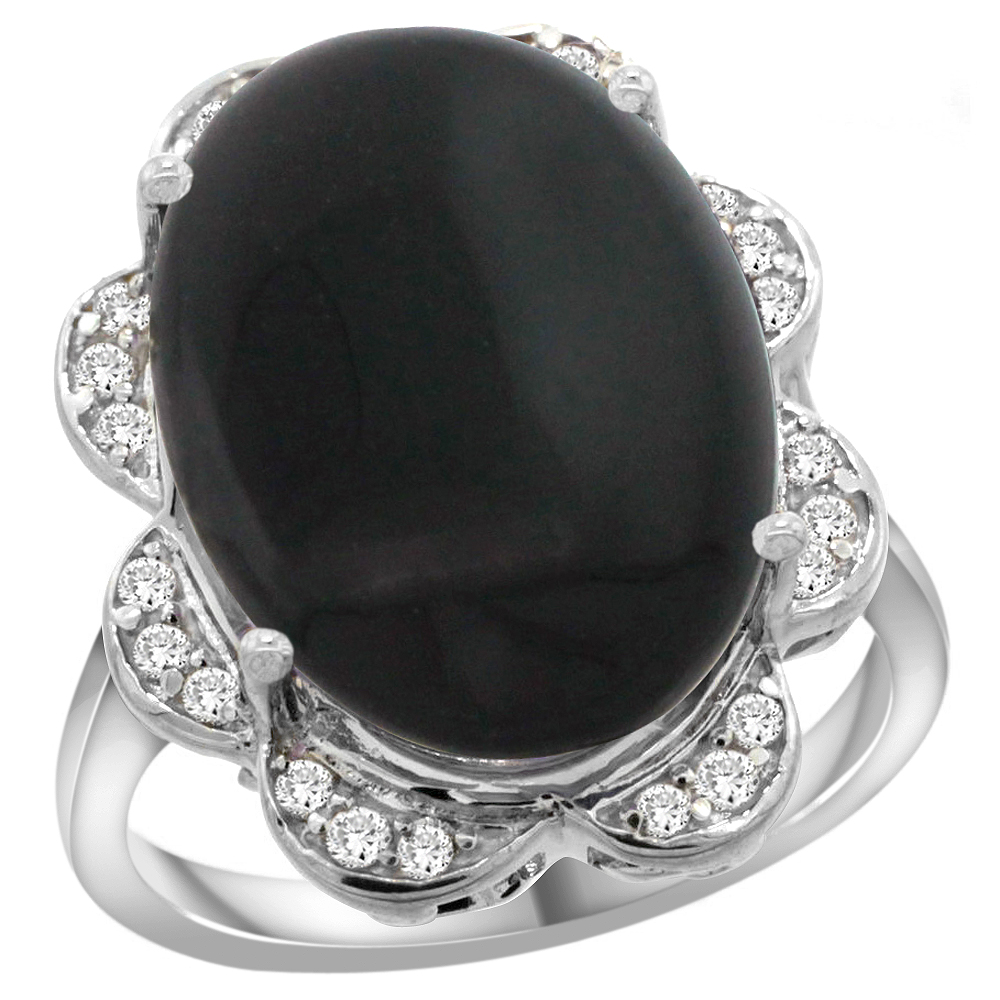 14k White Gold Natural Black Onyx Ring Oval 18x13mm Diamond Floral Halo, 3/4inch wide, sizes 5 - 10