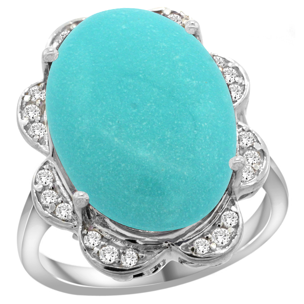 14k White Gold Natural Turquoise Ring Oval 18x13mm Diamond Floral Halo, 3/4inch wide, sizes 5 - 10