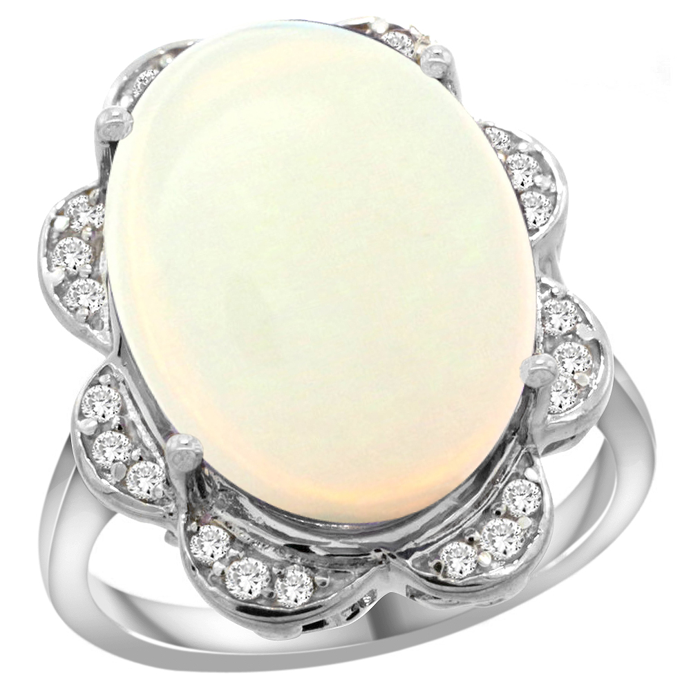 14k White Gold Natural Opal Ring Oval 18x13mm Diamond Floral Halo, 3/4inch wide, sizes 5 - 10