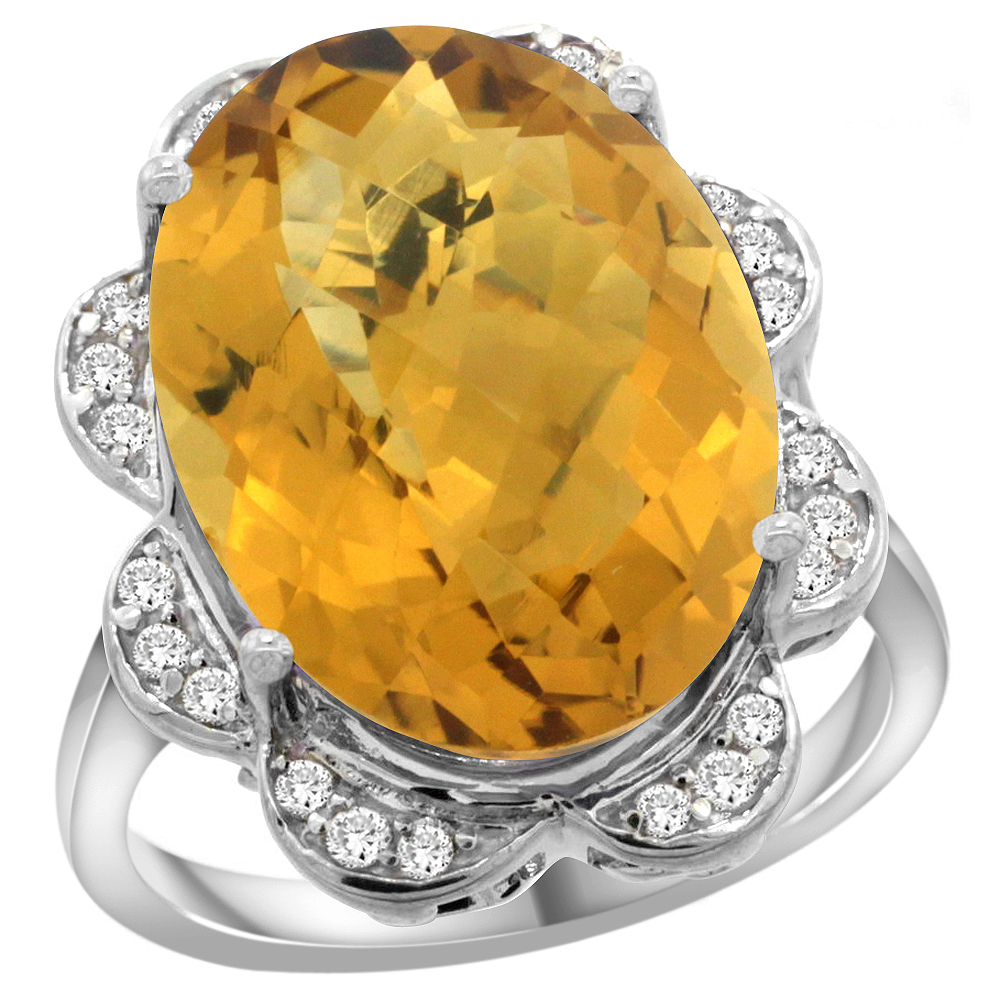 14k White Gold Natural Whisky Quartz Ring Oval 18x13mm Diamond Floral Halo, 3/4inch wide, sizes 5 - 10