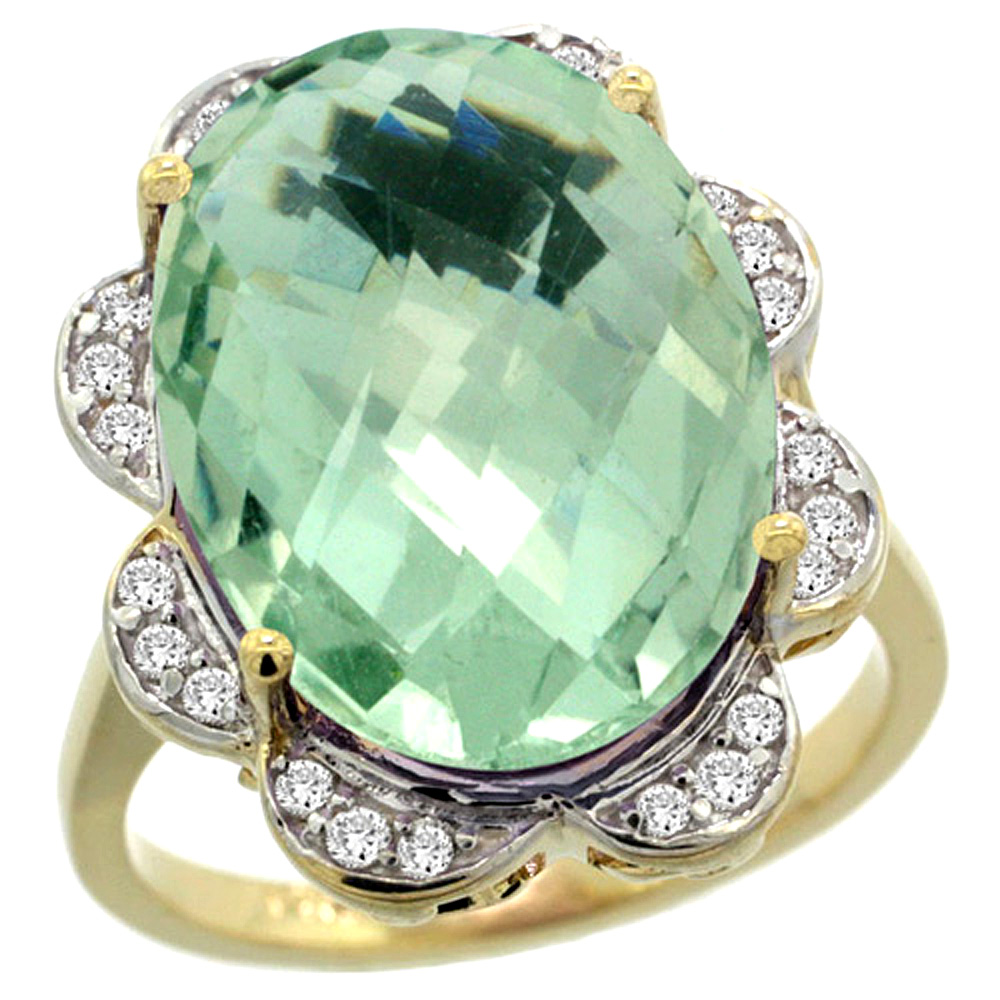 14k Yellow Gold Natural Green Amethyst Ring Oval 18x13mm Diamond Floral Halo, 3/4inch wide, sizes 5 - 10