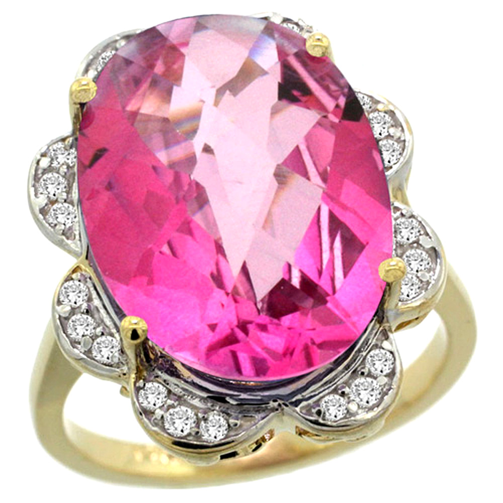 14k Yellow Gold Natural Pink Topaz Ring Oval 18x13mm Diamond Floral Halo, 3/4inch wide, sizes 5 - 10