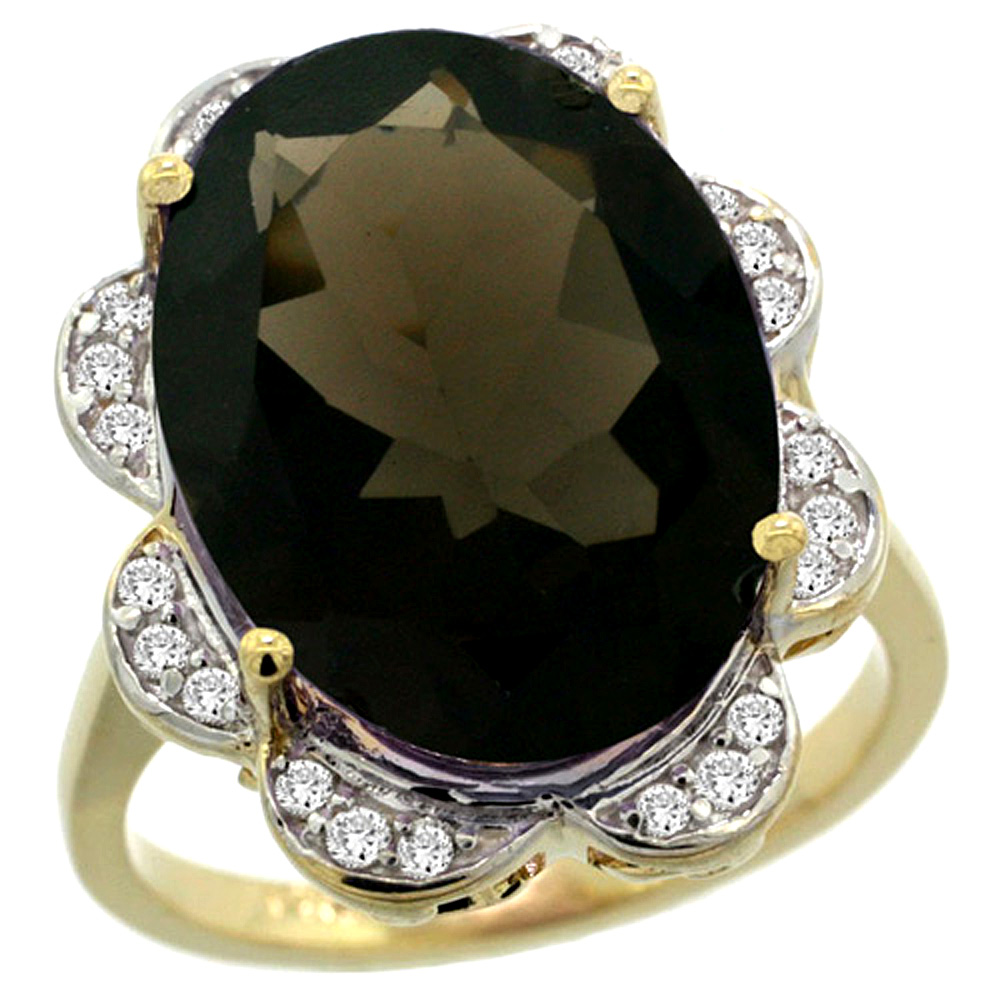 14k Yellow Gold Natural Smoky Topaz Ring Oval 18x13mm Diamond Floral Halo, 3/4inch wide, sizes 5 - 10