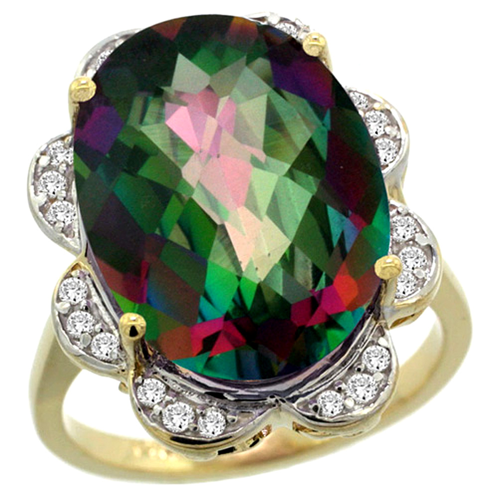 14k Yellow Gold Natural Mystic Topaz Ring Oval 18x13mm Diamond Floral Halo, 3/4inch wide, sizes 5 - 10