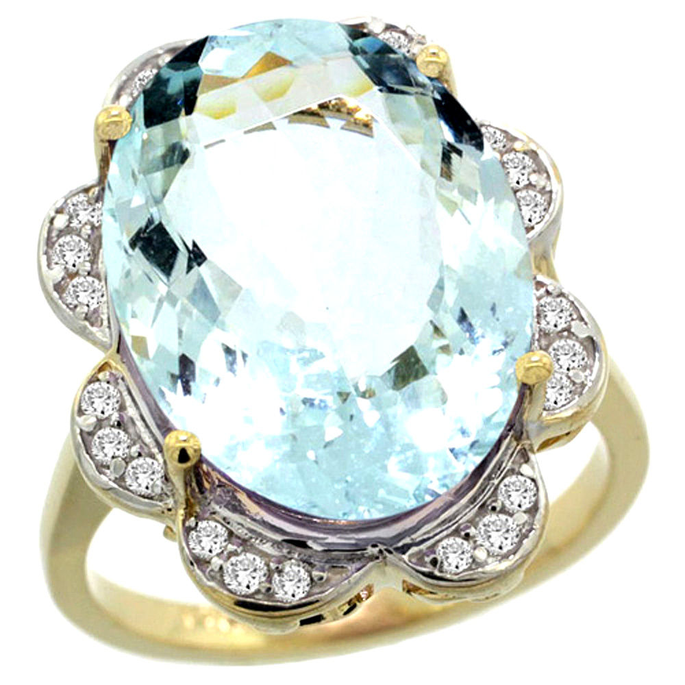 14k Yellow Gold Natural Aquamarine Ring Oval 18x13mm Diamond Floral Halo, 3/4inch wide, sizes 5 - 10