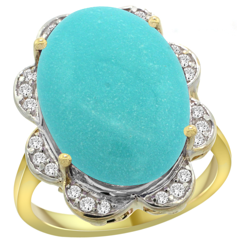 14k Yellow Gold Natural Turquoise Ring Oval 18x13mm Diamond Floral Halo, 3/4inch wide, sizes 5 - 10